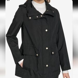 Calvin Klein Black Hooded Water-resistant Rain Trench Coat Deep Pockets SZ XS